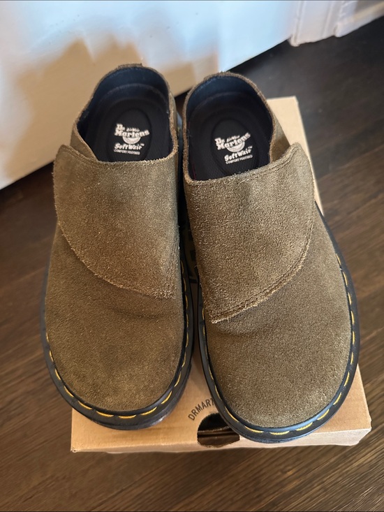 Dr. Martens Shoes - Dr. Martens Bronx Suede Zebzag Green Suede Slip-On Clogs Velcro straps Women’s 8